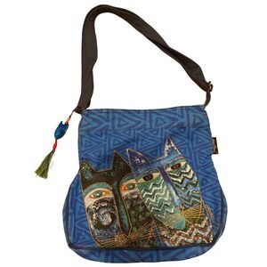 Laurel Burch Indigo Cats Canvas Crossbody Bag Blue Messenger Purse Artistic Cat